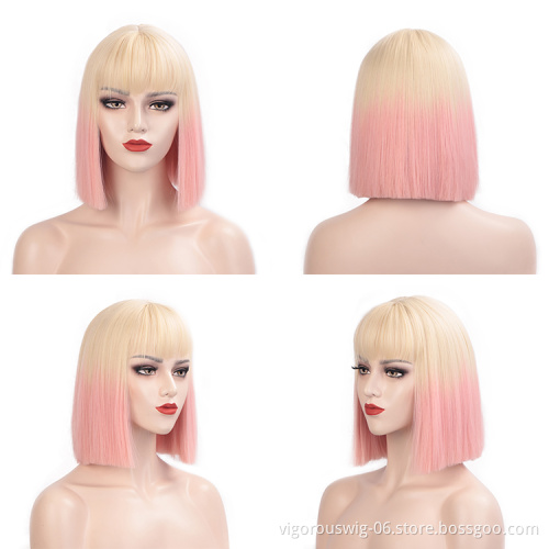 Vigorous Ombre Pink Wigs Straight Short Cosplay Costume Wigs for Women with Bangs Blonde Roots Heat Resistant Synthetic Wig